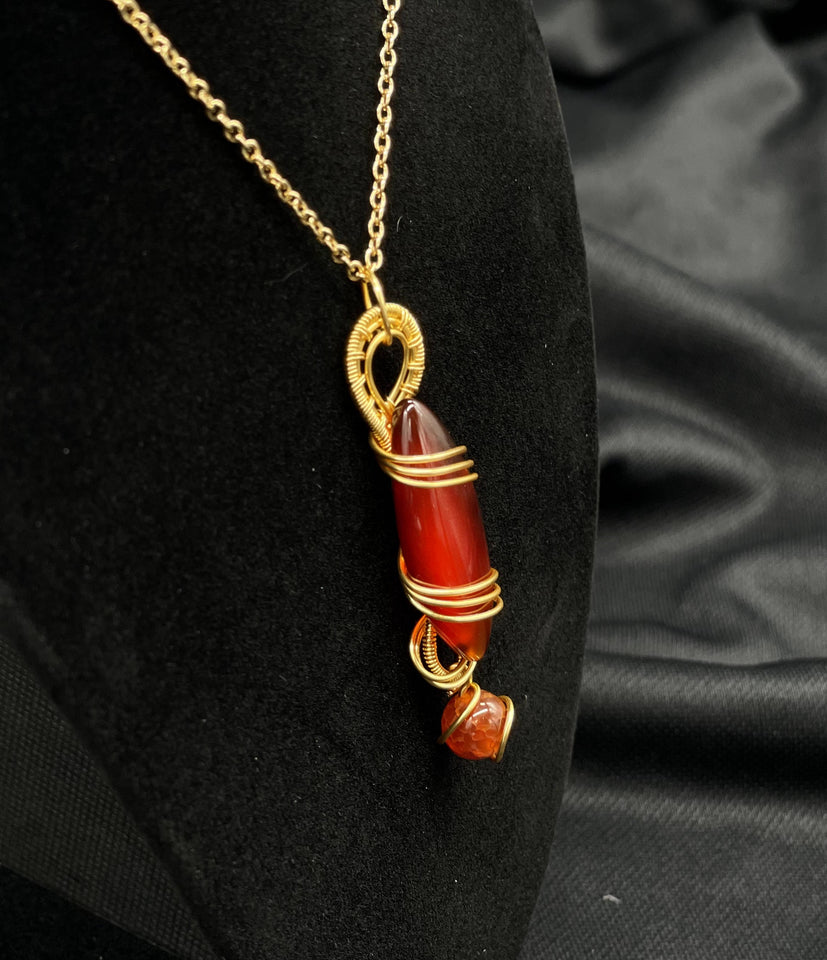 Left Side - Red Onyx Pendant Wrapped in Gold Wire
