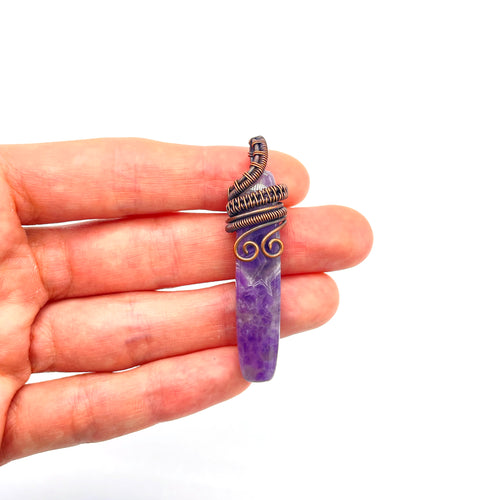 Front - Amethyst Pendant Wrapped in Copper Wire