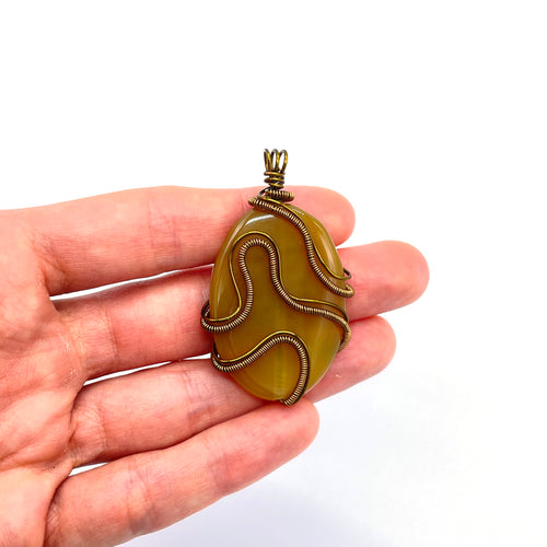 Front - Yellow Onyx Pendant Wrapped in Antique Bronze 