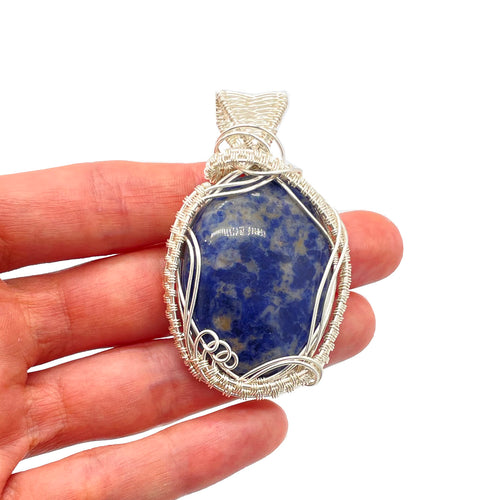 Size/ Scale - Sodalite Pendant Wrapped in Silver Wire