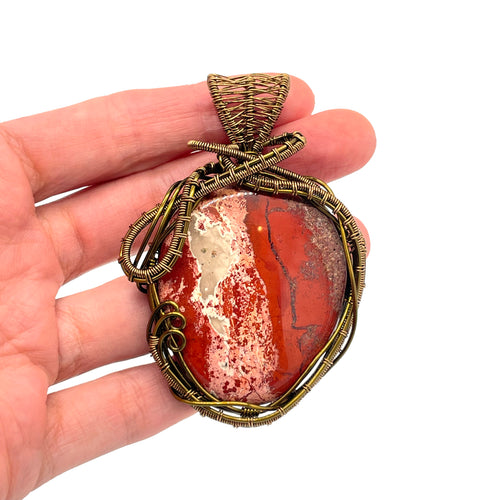 Size/ scale - Red Jasper Pendant Wrapped in Antique Copper