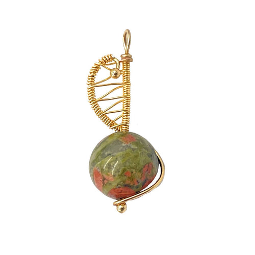 Unakite Pendant Wrapped in Gold Coil Wire