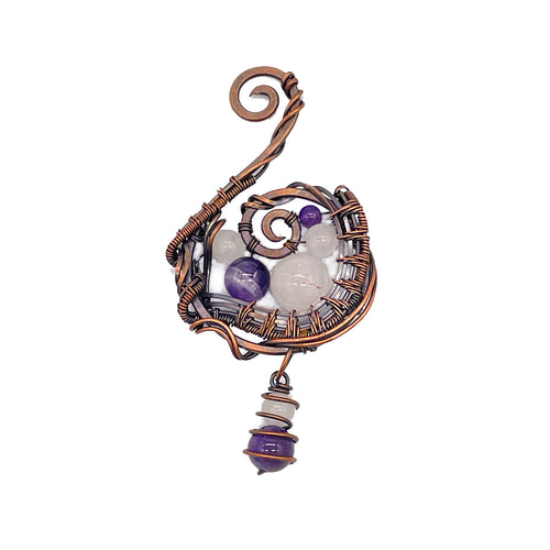 Front - Rose Quartz and Amethyst Pendant Wrapped in Copper Wire