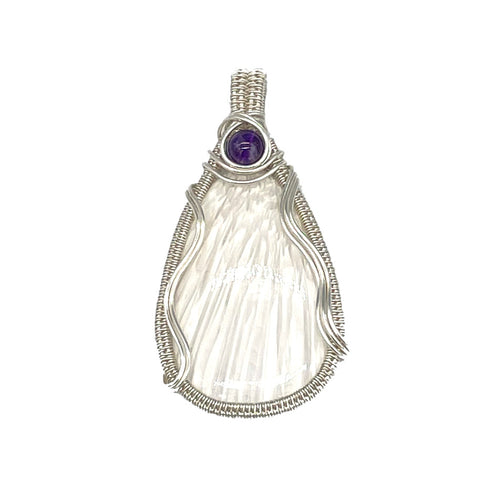 Front - Scolecite Pendant Wrapped in Silver Wire