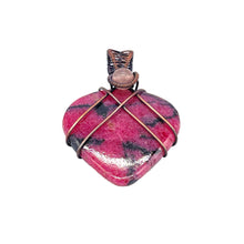 Load image into Gallery viewer, Bottom View - Rhodonite Heart Pendant Wrapped in Copper Wire
