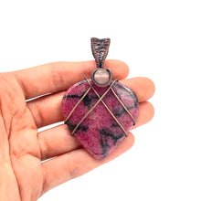 Load image into Gallery viewer, Size/ Scale - Rhodonite Heart Pendant Wrapped in Copper Wire
